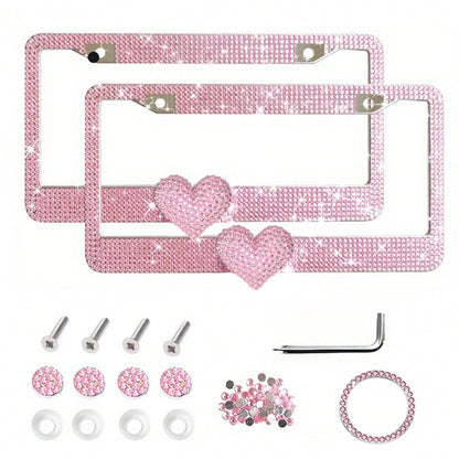 2PCS Glitter Diamond License Plate Frame Set, Stainless Steel Rhinestone Frame With Sparkling Screw Caps, Multi-Color Pink Heart Design, Girls Car Decor Accessories, Easy Install & Durable, Personaliz