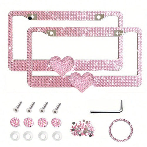 2PCS Glitter Diamond License Plate Frame Set, Stainless Steel Rhinestone Frame With Sparkling Screw Caps, Multi-Color Pink Heart Design, Girls Car Decor Accessories, Easy Install & Durable, Personaliz