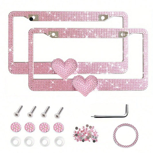 2PCS Glitter Diamond License Plate Frame Set, Stainless Steel Rhinestone Frame With Sparkling Screw Caps, Multi-Color Pink Heart Design, Girls Car Decor Accessories, Easy Install & Durable, Personaliz