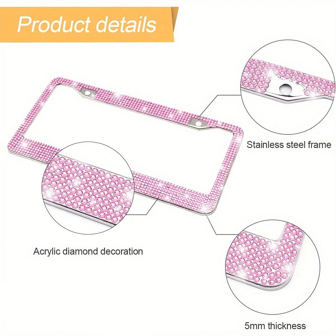 2PCS Glitter Diamond License Plate Frame Set, Stainless Steel Rhinestone Frame With Sparkling Screw Caps, Multi-Color Pink Heart Design, Girls Car Decor Accessories, Easy Install & Durable, Personaliz
