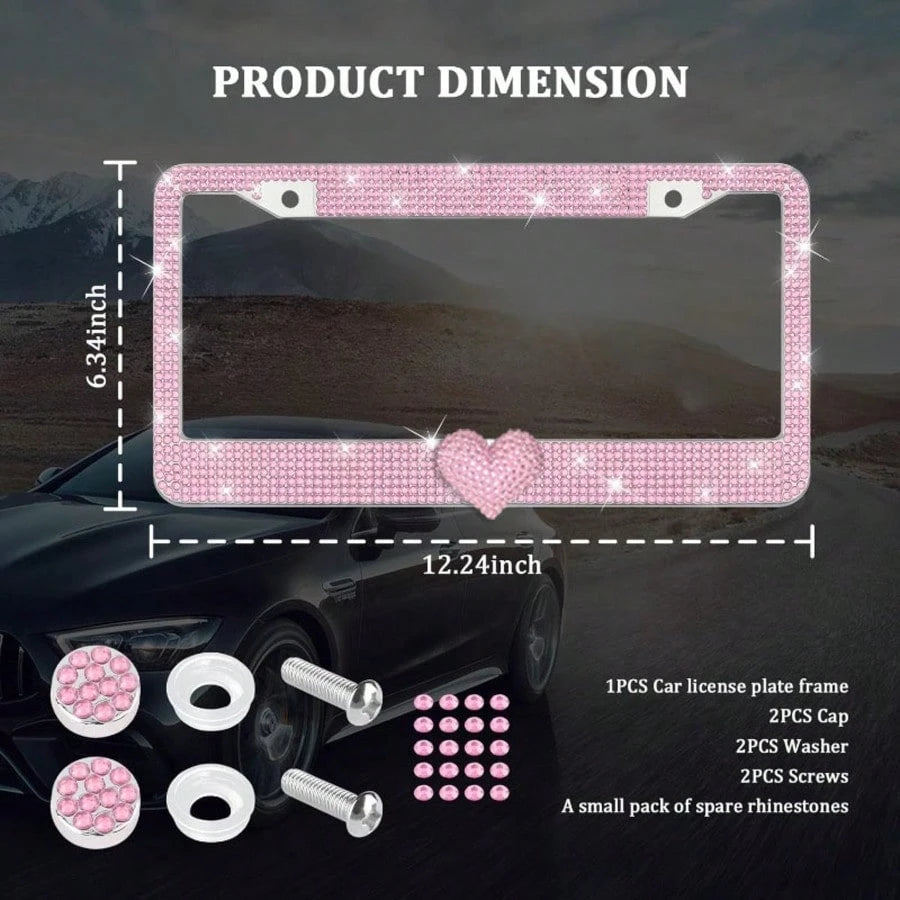 2PCS Glitter Diamond License Plate Frame Set, Stainless Steel Rhinestone Frame With Sparkling Screw Caps, Multi-Color Pink Heart Design, Girls Car Decor Accessories, Easy Install & Durable, Personaliz