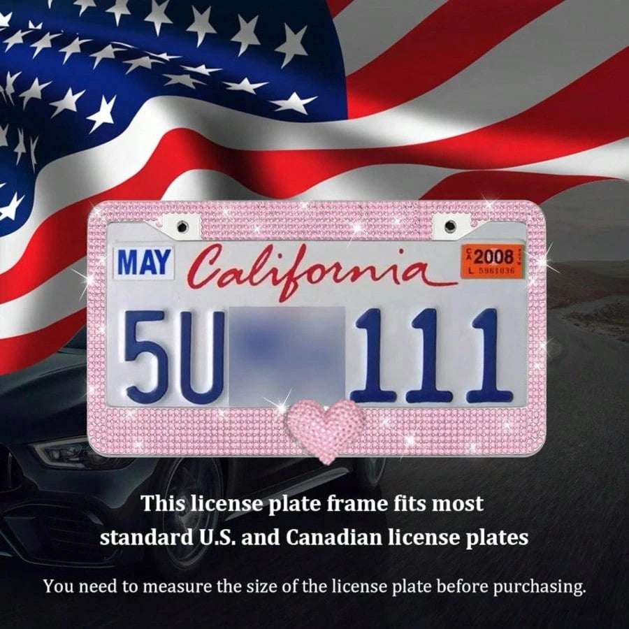 2PCS Glitter Diamond License Plate Frame Set, Stainless Steel Rhinestone Frame With Sparkling Screw Caps, Multi-Color Pink Heart Design, Girls Car Decor Accessories, Easy Install & Durable, Personaliz