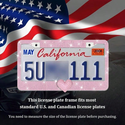 2PCS Glitter Diamond License Plate Frame Set, Stainless Steel Rhinestone Frame With Sparkling Screw Caps, Multi-Color Pink Heart Design, Girls Car Decor Accessories, Easy Install & Durable, Personaliz