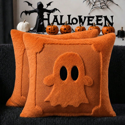 2Pcs Halloween Pillow Covers 18x18 Inch Black Eyes Beige Ghost Throw Pillow Cases Soft Plush Faux Fur Wool Couch Cushion Case For Chair Sofa Bedroom Living Room Home Decor