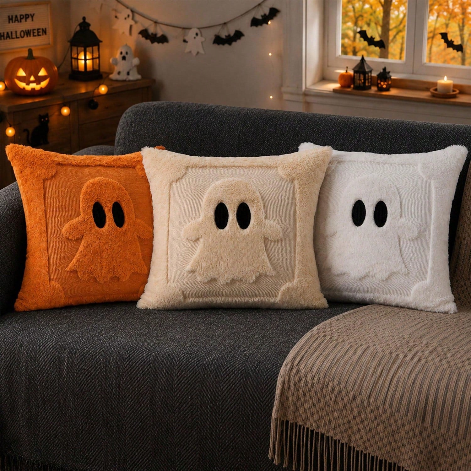 2Pcs Halloween Pillow Covers 18x18 Inch Black Eyes Beige Ghost Throw Pillow Cases Soft Plush Faux Fur Wool Couch Cushion Case For Chair Sofa Bedroom Living Room Home Decor