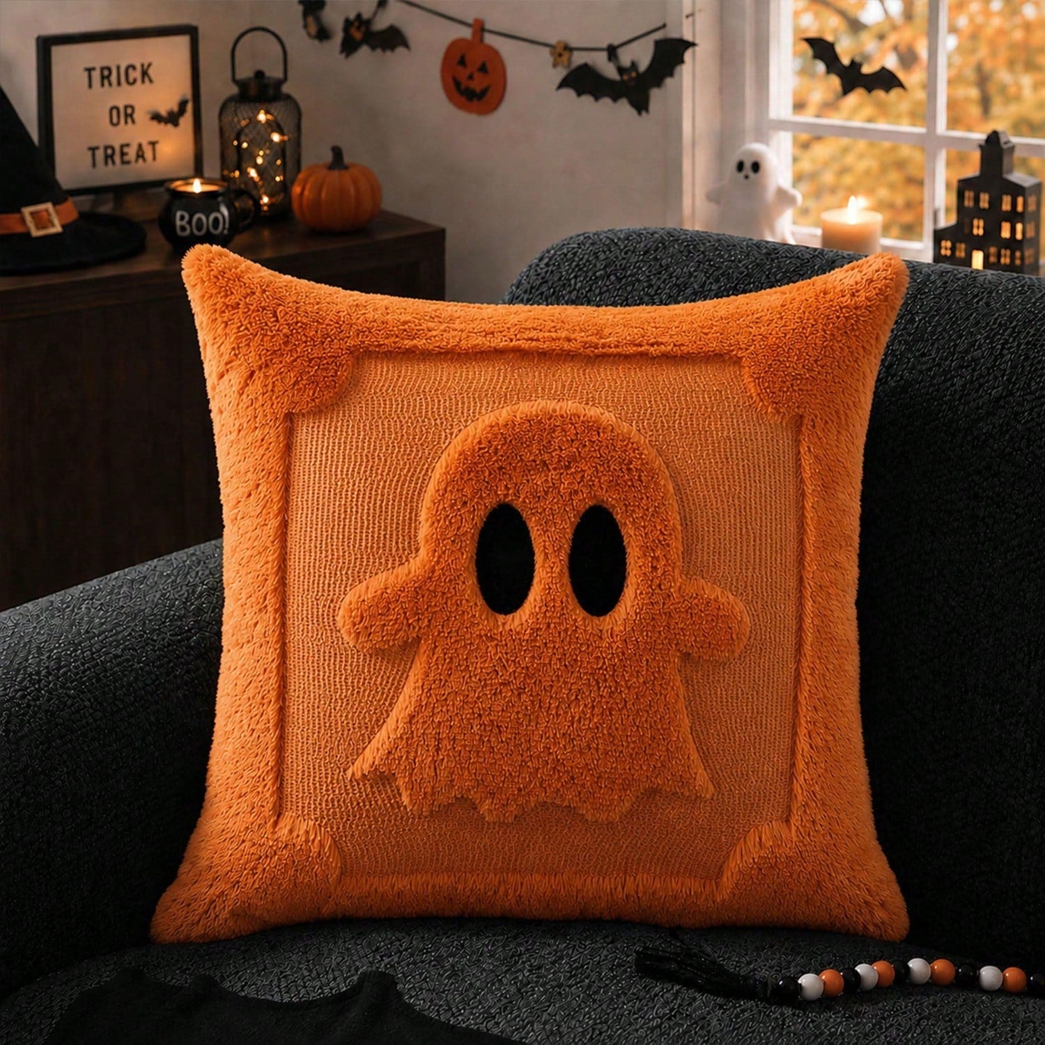2Pcs Halloween Pillow Covers 18x18 Inch Black Eyes Beige Ghost Throw Pillow Cases Soft Plush Faux Fur Wool Couch Cushion Case For Chair Sofa Bedroom Living Room Home Decor