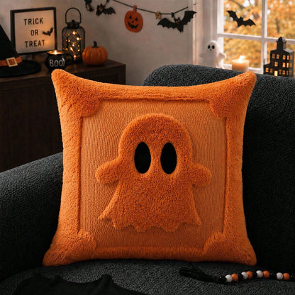 2Pcs Halloween Pillow Covers 18x18 Inch Black Eyes Beige Ghost Throw Pillow Cases Soft Plush Faux Fur Wool Couch Cushion Case For Chair Sofa Bedroom Living Room Home Decor