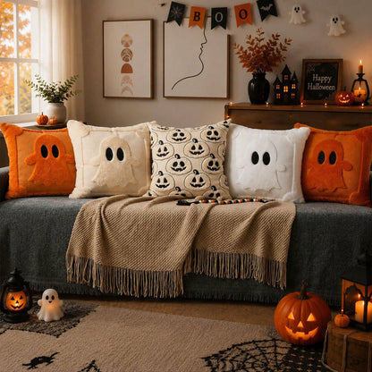 2Pcs Halloween Pillow Covers 18x18 Inch Black Eyes Beige Ghost Throw Pillow Cases Soft Plush Faux Fur Wool Couch Cushion Case For Chair Sofa Bedroom Living Room Home Decor