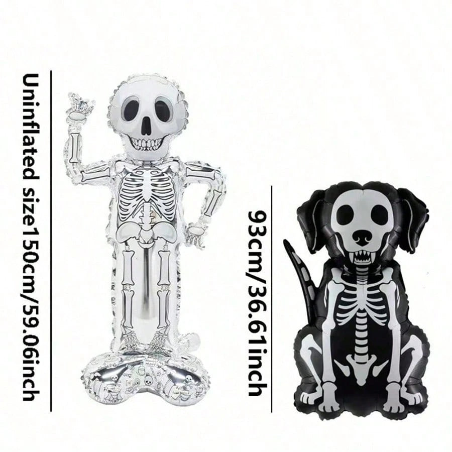 2pcs Halloween Skeleton Foil Balloon Set, Standing Skeleton And Skeleton Dog Polyester Film Balloons, Spooky Photo Props For Halloween Party Decoration, Halloween Indoor Outdoor Yard Decor, Birthday T