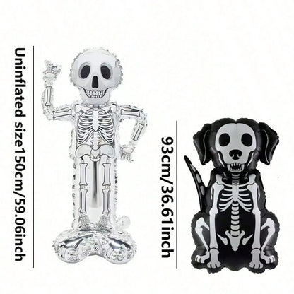2pcs Halloween Skeleton Foil Balloon Set, Standing Skeleton And Skeleton Dog Polyester Film Balloons, Spooky Photo Props For Halloween Party Decoration, Halloween Indoor Outdoor Yard Decor, Birthday T