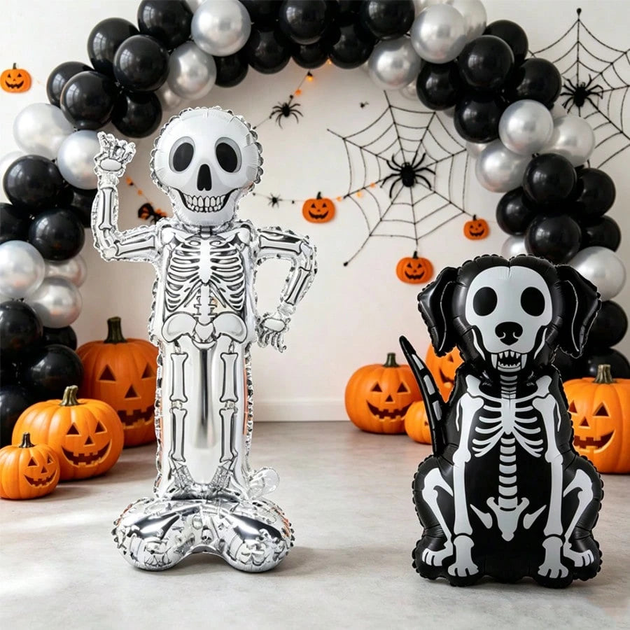 2pcs Halloween Skeleton Foil Balloon Set, Standing Skeleton And Skeleton Dog Polyester Film Balloons, Spooky Photo Props For Halloween Party Decoration, Halloween Indoor Outdoor Yard Decor, Birthday T