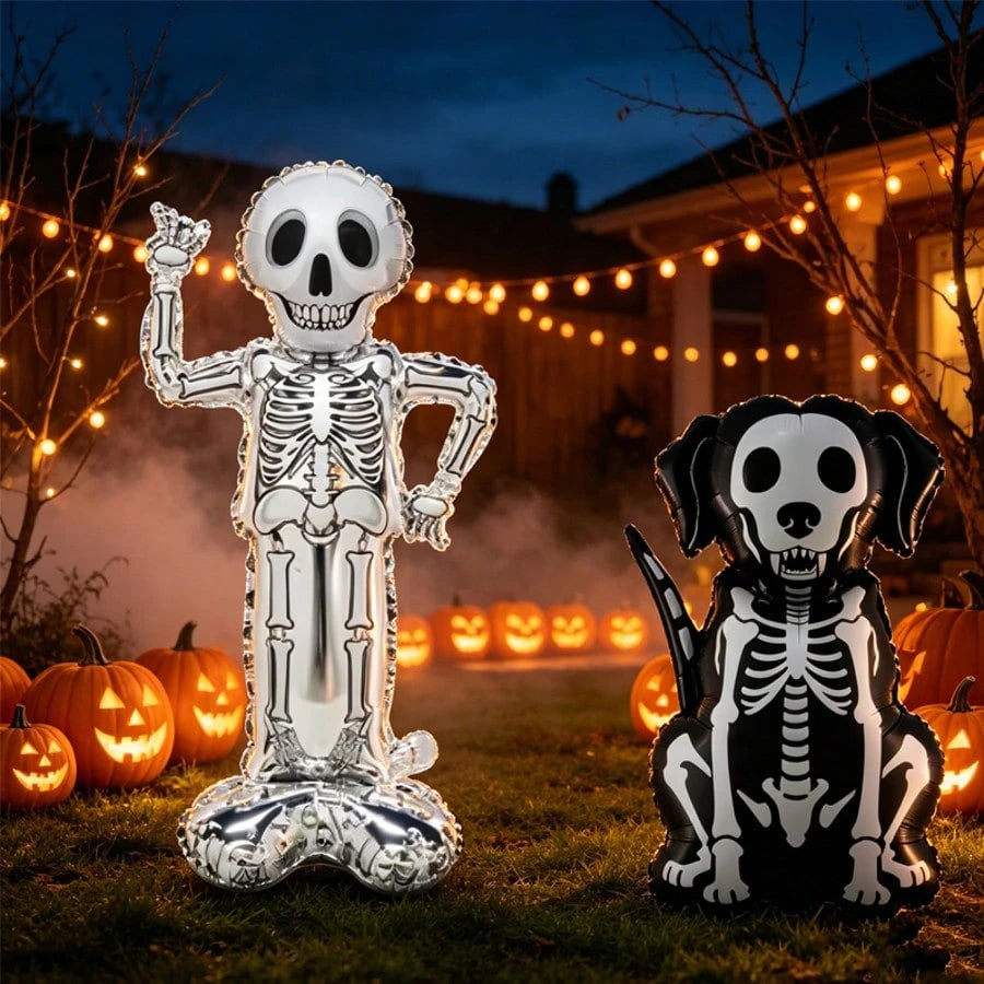 2pcs Halloween Skeleton Foil Balloon Set, Standing Skeleton And Skeleton Dog Polyester Film Balloons, Spooky Photo Props For Halloween Party Decoration, Halloween Indoor Outdoor Yard Decor, Birthday T