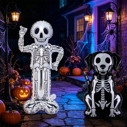 2pcs Halloween Skeleton Foil Balloon Set, Standing Skeleton And Skeleton Dog Polyester Film Balloons, Spooky Photo Props For Halloween Party Decoration, Halloween Indoor Outdoor Yard Decor, Birthday T