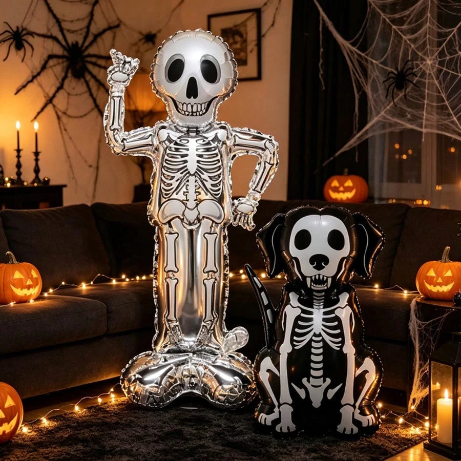 2pcs Halloween Skeleton Foil Balloon Set, Standing Skeleton And Skeleton Dog Polyester Film Balloons, Spooky Photo Props For Halloween Party Decoration, Halloween Indoor Outdoor Yard Decor, Birthday T