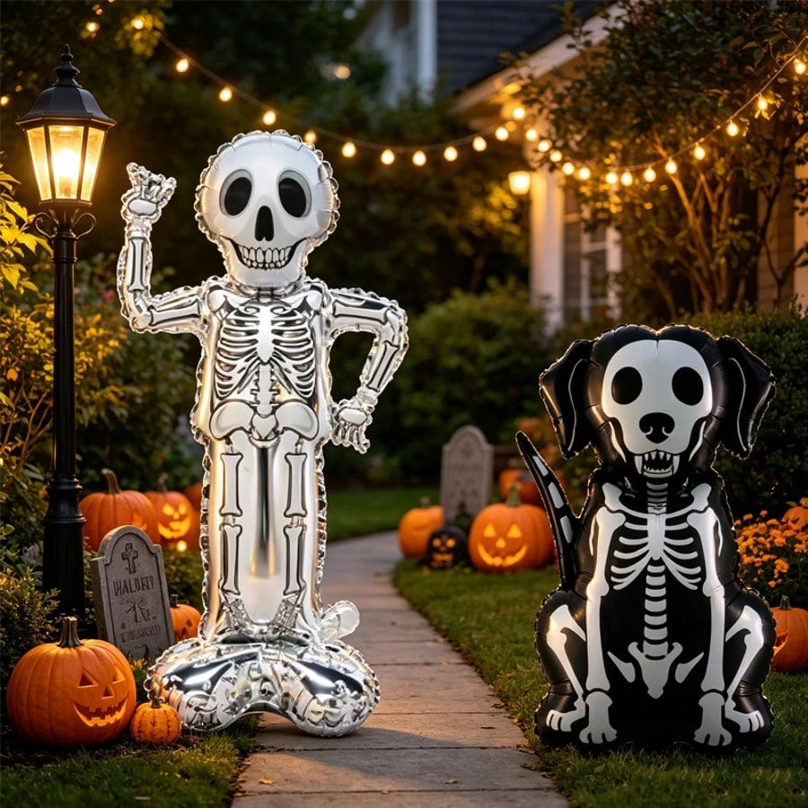 2pcs Halloween Skeleton Foil Balloon Set, Standing Skeleton And Skeleton Dog Polyester Film Balloons, Spooky Photo Props For Halloween Party Decoration, Halloween Indoor Outdoor Yard Decor, Birthday T
