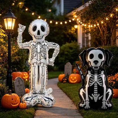 2pcs Halloween Skeleton Foil Balloon Set, Standing Skeleton And Skeleton Dog Polyester Film Balloons, Spooky Photo Props For Halloween Party Decoration, Halloween Indoor Outdoor Yard Decor, Birthday T