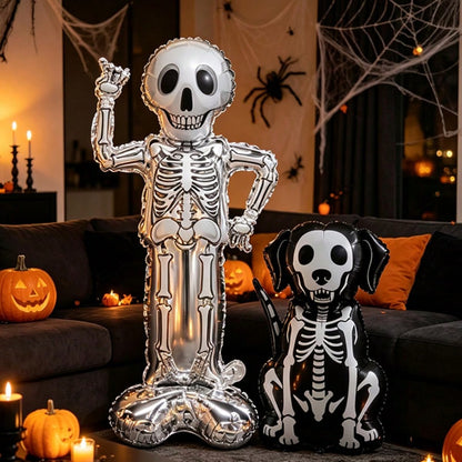 2pcs Halloween Skeleton Foil Balloon Set, Standing Skeleton And Skeleton Dog Polyester Film Balloons, Spooky Photo Props For Halloween Party Decoration, Halloween Indoor Outdoor Yard Decor, Birthday T