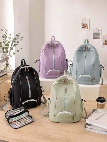 2PCS Letter Embroidered Contrast Line Backpack With Pencil Case, Waterproof Nylon Large Capacity Multi-Compartment School Bag, Laptop Backpack For Middle School, High School, College Students, Commuti