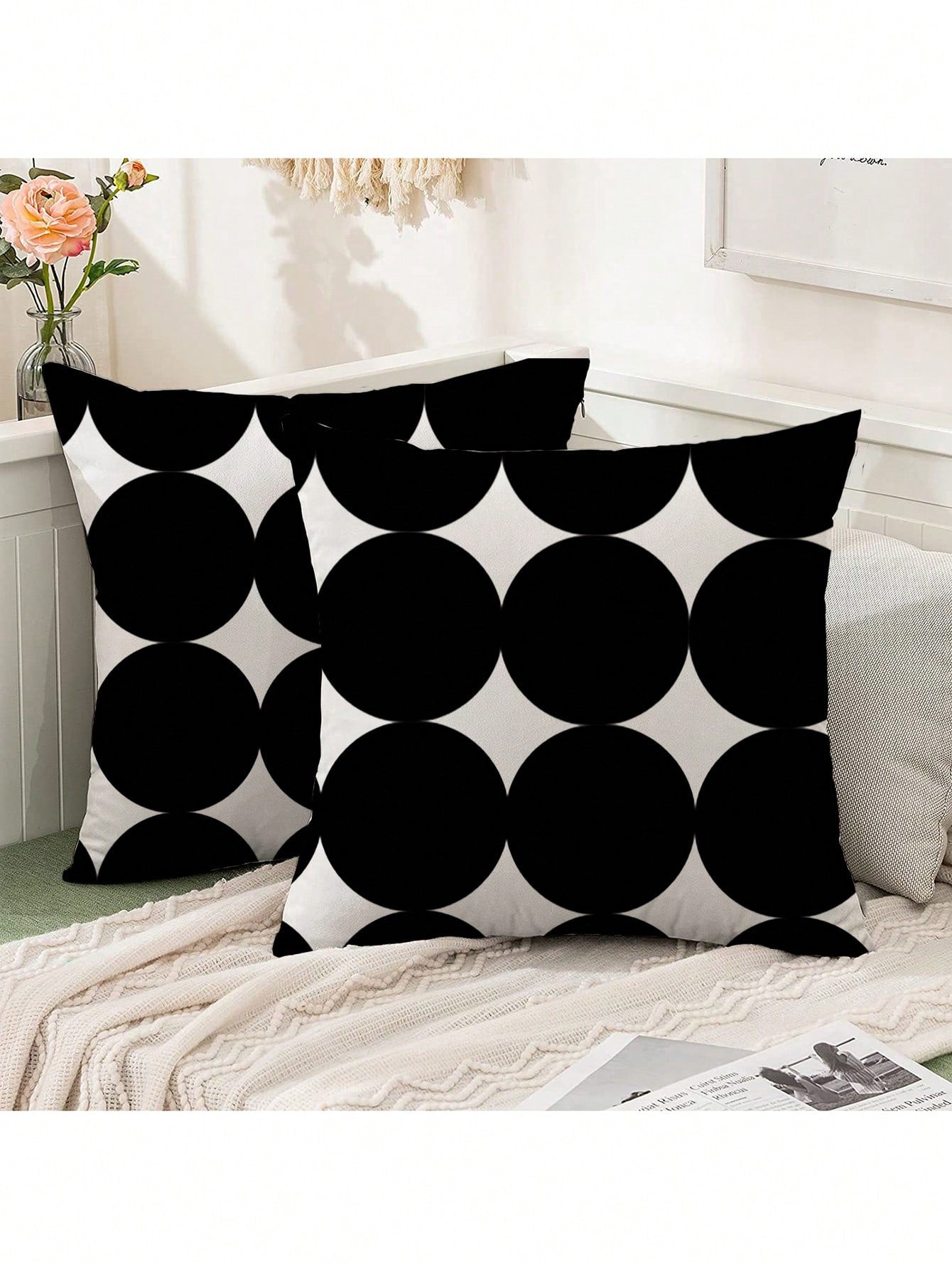 2pcs Minimalist Bohemian Black Polka Dot Print Pillow Covers, Decorative Square Cushion Covers, Multiple Sizes (Inserts Not Included), Fabric Home Decor For Bedroom, Living Room, Office