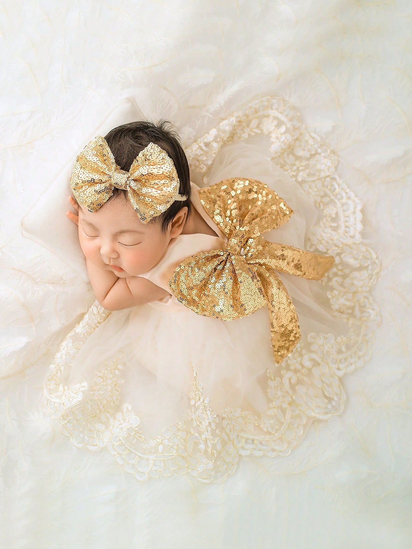 2pcs Newborn Baby Girls' Glitter Bow Decorated Embroidery Mesh Splice Dress With Headband For Photography