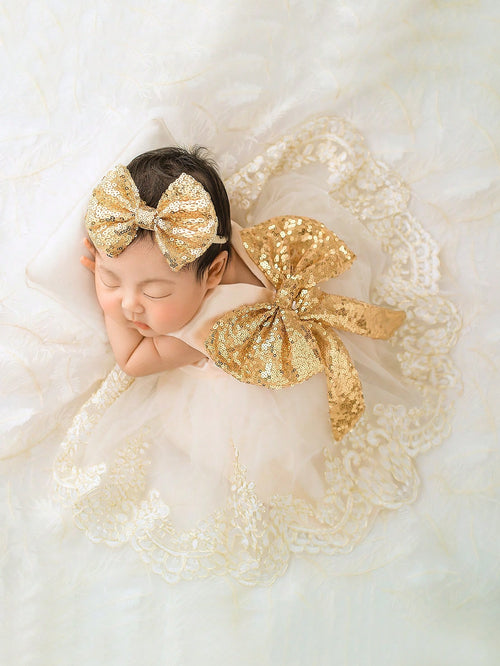 2pcs Newborn Baby Girls' Glitter Bow Decorated Embroidery Mesh Splice Dress With Headband For Photography