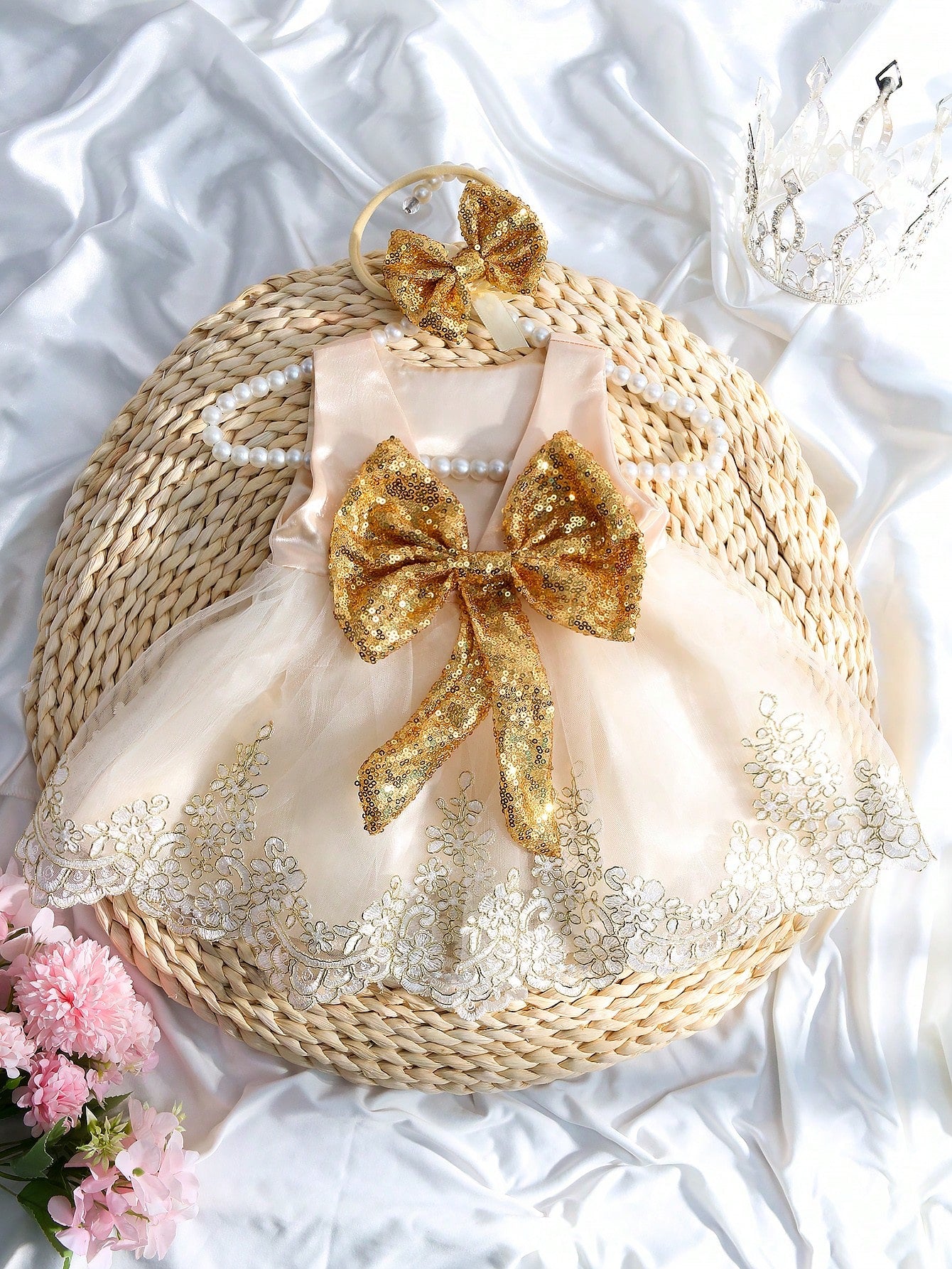 2pcs Newborn Baby Girls' Glitter Bow Decorated Embroidery Mesh Splice Dress With Headband For Photography