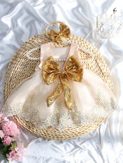 2pcs Newborn Baby Girls' Glitter Bow Decorated Embroidery Mesh Splice Dress With Headband For Photography
