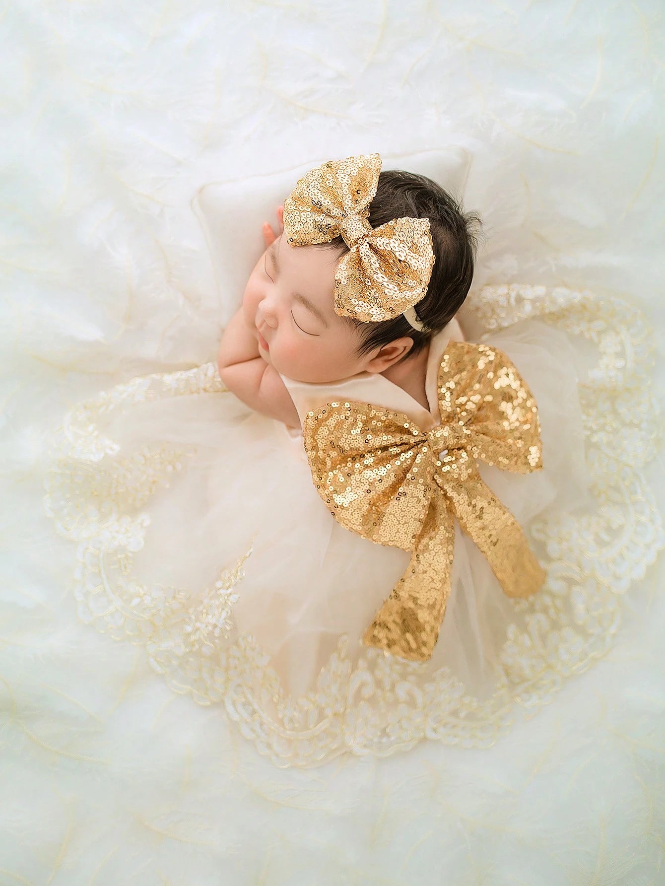 2pcs Newborn Baby Girls' Glitter Bow Decorated Embroidery Mesh Splice Dress With Headband For Photography