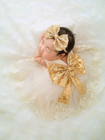 2pcs Newborn Baby Girls' Glitter Bow Decorated Embroidery Mesh Splice Dress With Headband For Photography