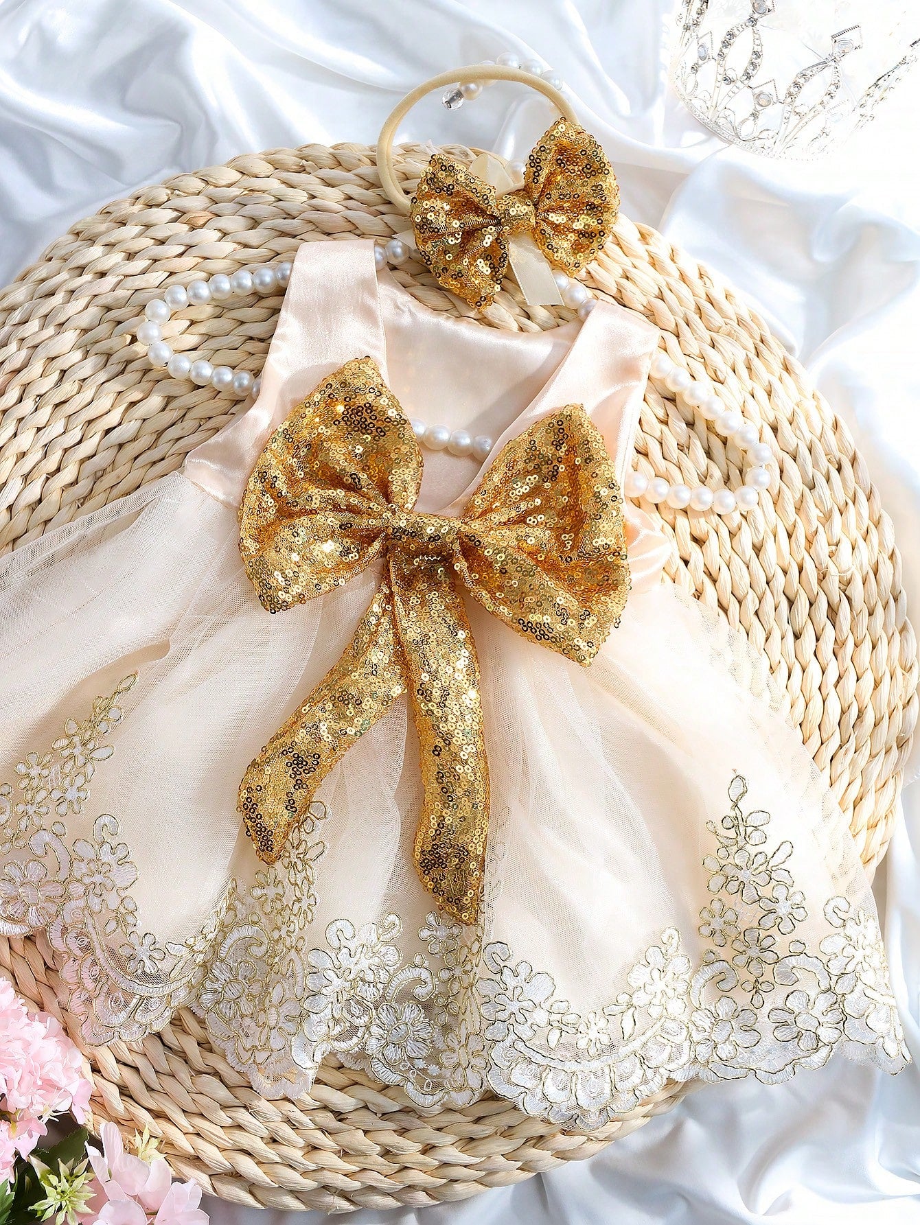 2pcs Newborn Baby Girls' Glitter Bow Decorated Embroidery Mesh Splice Dress With Headband For Photography