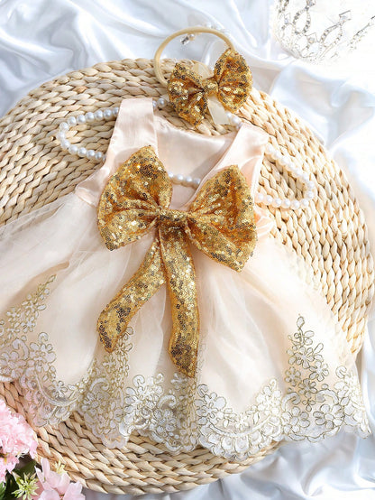 2pcs Newborn Baby Girls' Glitter Bow Decorated Embroidery Mesh Splice Dress With Headband For Photography