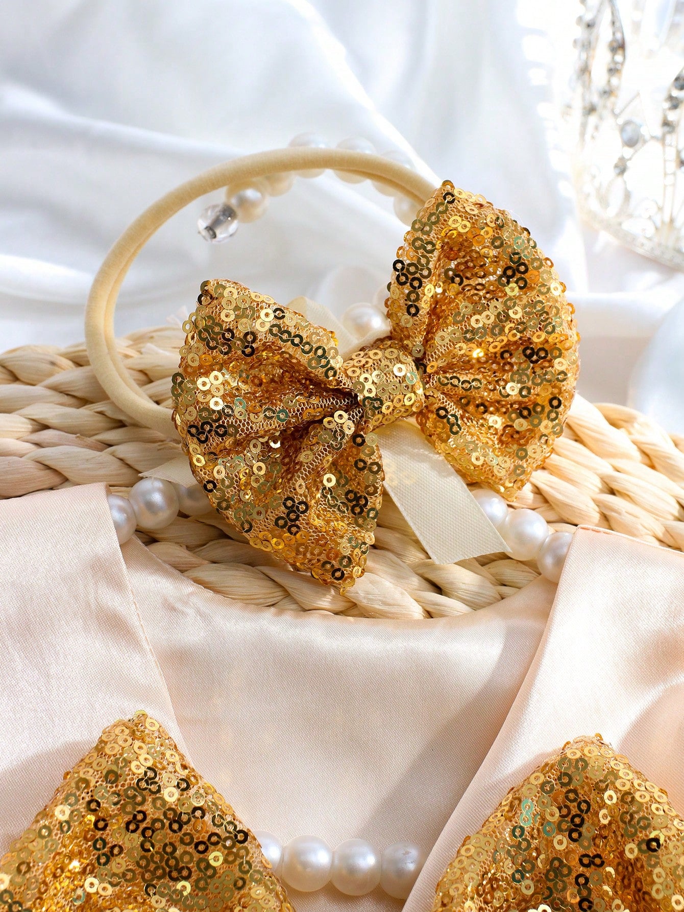 2pcs Newborn Baby Girls' Glitter Bow Decorated Embroidery Mesh Splice Dress With Headband For Photography