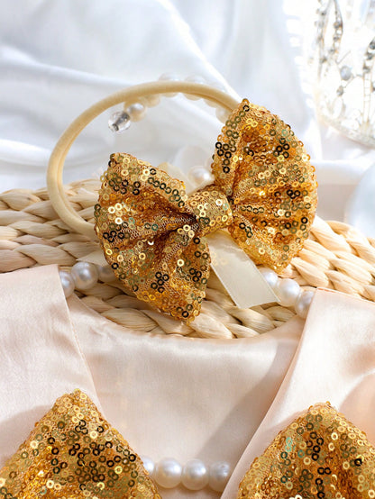 2pcs Newborn Baby Girls' Glitter Bow Decorated Embroidery Mesh Splice Dress With Headband For Photography