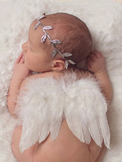 2pcs Newborn Photography Set Baby Angel Feather Wings Photo Shoot Outfits With Leaf Headband Baby Shower Family Decorations Gifts Baby Shower Easter Gift Things For Girls/Boys