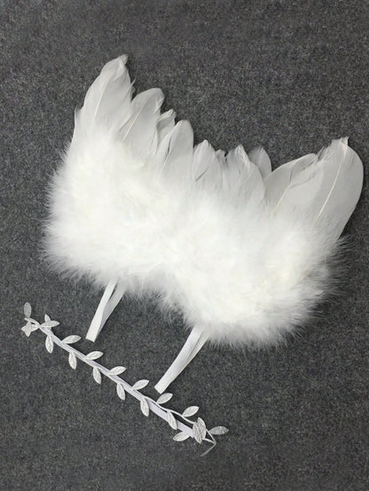 2pcs Newborn Photography Set Baby Angel Feather Wings Photo Shoot Outfits With Leaf Headband Baby Shower Family Decorations Gifts Baby Shower Easter Gift Things For Girls/Boys