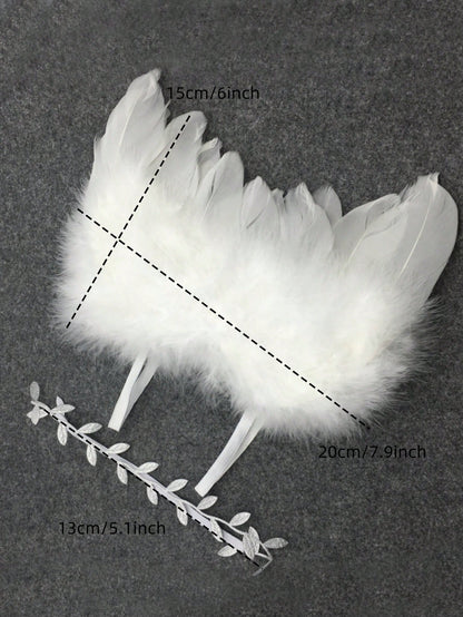2pcs Newborn Photography Set Baby Angel Feather Wings Photo Shoot Outfits With Leaf Headband Baby Shower Family Decorations Gifts Baby Shower Easter Gift Things For Girls/Boys