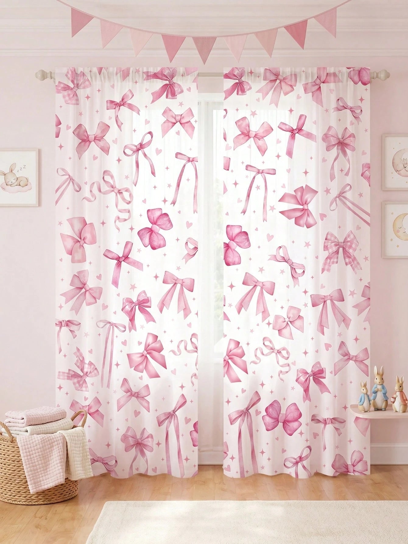 2pcs Pink Bow Curtain Design, Princess Nursery Decor, Baby Room Decor, Baby Shower Decor, Gender Reveal Party Decor, Living Room, Bedroom Decor, Baby Party Decor, Pink Bow Decor, Window Decor
