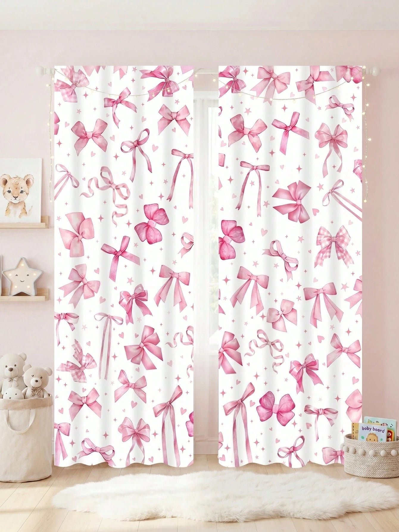 2pcs Pink Bow Curtain Design, Princess Nursery Decor, Baby Room Decor, Baby Shower Decor, Gender Reveal Party Decor, Living Room, Bedroom Decor, Baby Party Decor, Pink Bow Decor, Window Decor