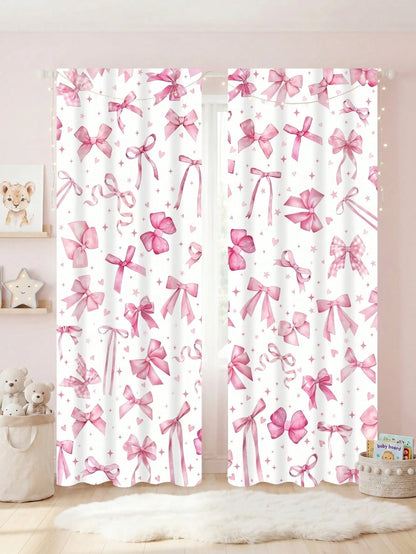 2pcs Pink Bow Curtain Design, Princess Nursery Decor, Baby Room Decor, Baby Shower Decor, Gender Reveal Party Decor, Living Room, Bedroom Decor, Baby Party Decor, Pink Bow Decor, Window Decor
