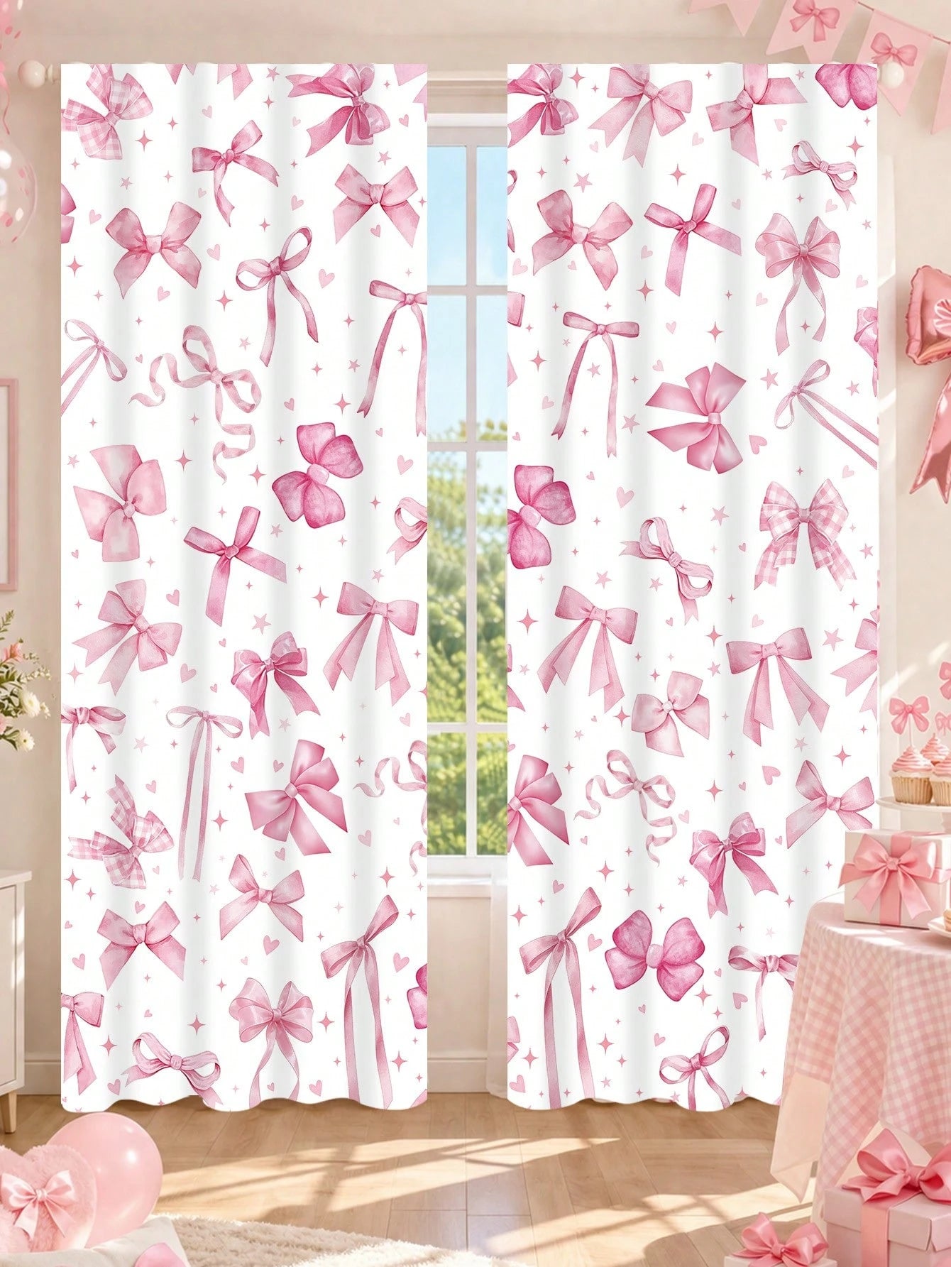 2pcs Pink Bow Curtain Design, Princess Nursery Decor, Baby Room Decor, Baby Shower Decor, Gender Reveal Party Decor, Living Room, Bedroom Decor, Baby Party Decor, Pink Bow Decor, Window Decor
