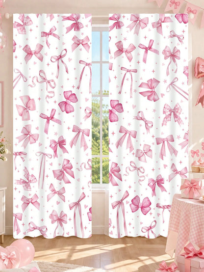 2pcs Pink Bow Curtain Design, Princess Nursery Decor, Baby Room Decor, Baby Shower Decor, Gender Reveal Party Decor, Living Room, Bedroom Decor, Baby Party Decor, Pink Bow Decor, Window Decor