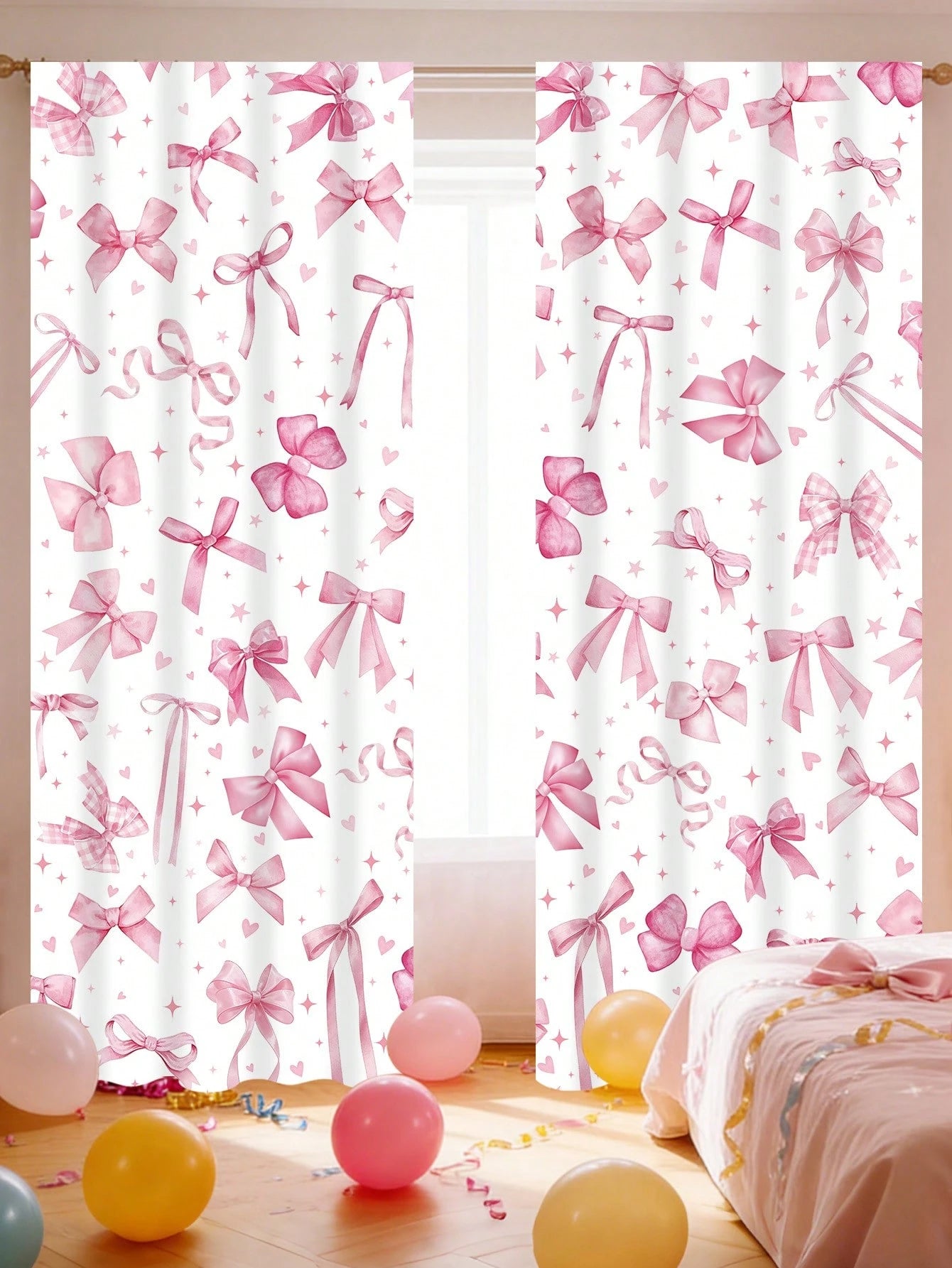 2pcs Pink Bow Curtain Design, Princess Nursery Decor, Baby Room Decor, Baby Shower Decor, Gender Reveal Party Decor, Living Room, Bedroom Decor, Baby Party Decor, Pink Bow Decor, Window Decor