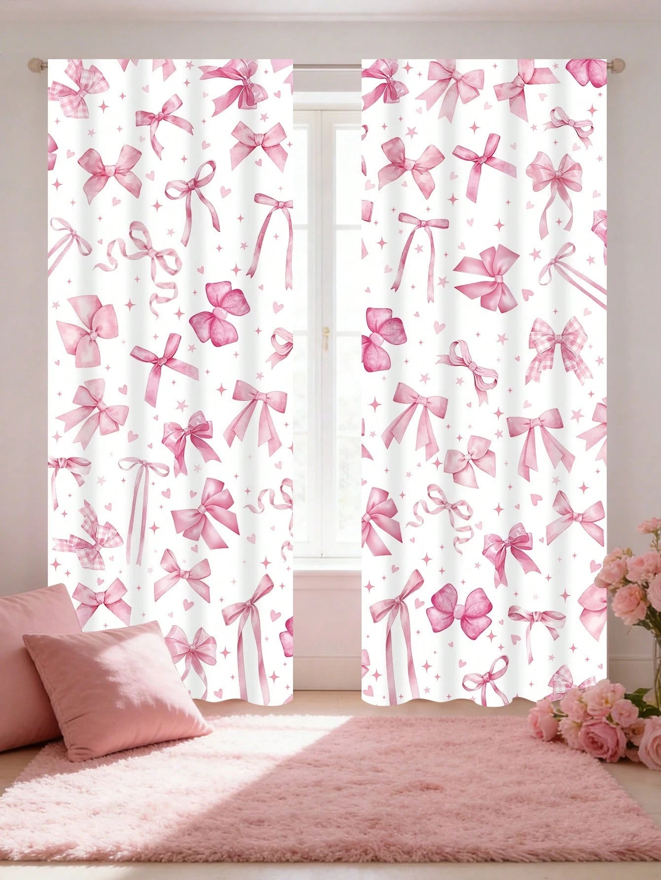2pcs Pink Bow Curtain Design, Princess Nursery Decor, Baby Room Decor, Baby Shower Decor, Gender Reveal Party Decor, Living Room, Bedroom Decor, Baby Party Decor, Pink Bow Decor, Window Decor