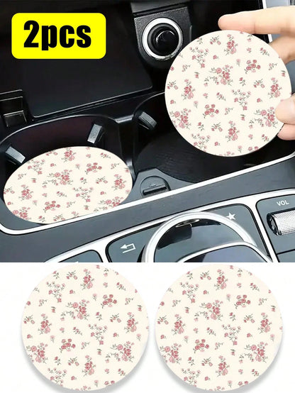 2pcs Pink Ditsy Floral Cup Mats, Creative & Unique Car Interior Decoration Coasters, Cute & Minimalist, Fresh Style