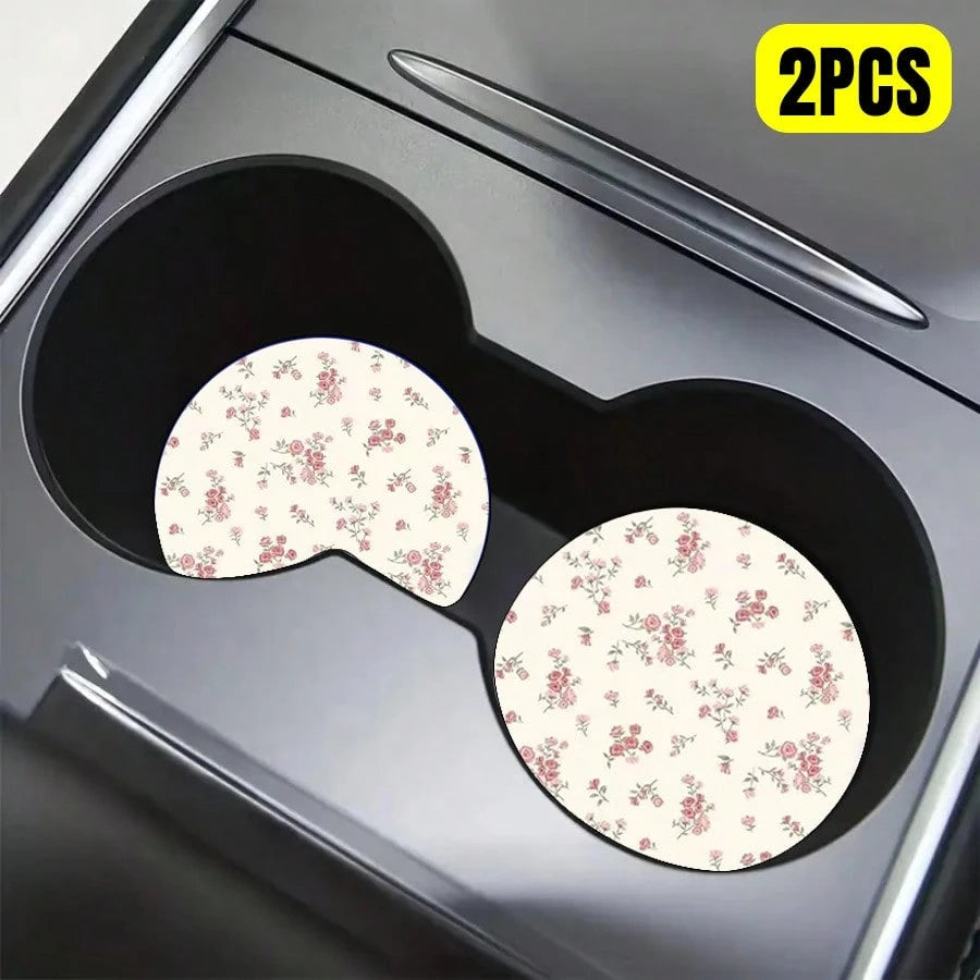 2pcs Pink Ditsy Floral Cup Mats, Creative & Unique Car Interior Decoration Coasters, Cute & Minimalist, Fresh Style