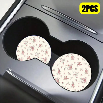 2pcs Pink Ditsy Floral Cup Mats, Creative & Unique Car Interior Decoration Coasters, Cute & Minimalist, Fresh Style