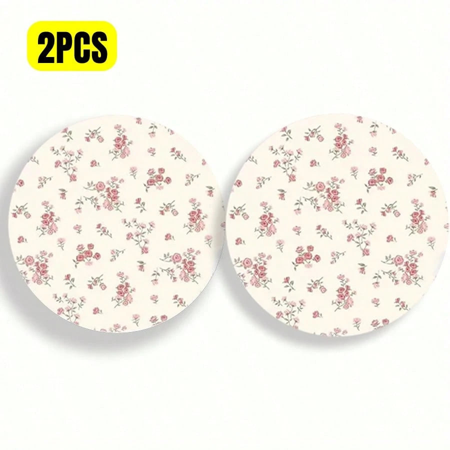 2pcs Pink Ditsy Floral Cup Mats, Creative & Unique Car Interior Decoration Coasters, Cute & Minimalist, Fresh Style