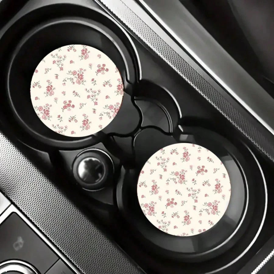 2pcs Pink Ditsy Floral Cup Mats, Creative & Unique Car Interior Decoration Coasters, Cute & Minimalist, Fresh Style