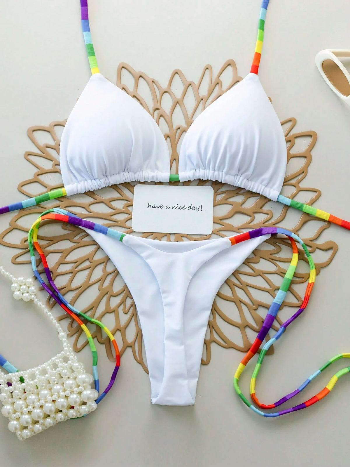 2pcs Rainbow Striped Sexy Backless Tie-Back Swimwear, Fashionable Bikini Set For Beach, Stage And Concert, Spring/Summer Vacation White