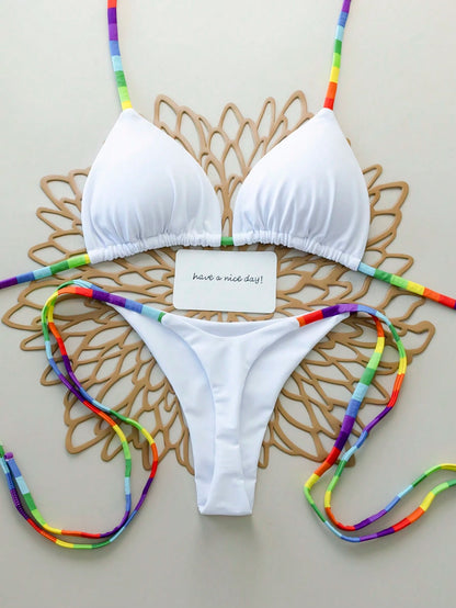 2pcs Rainbow Striped Sexy Backless Tie-Back Swimwear, Fashionable Bikini Set For Beach, Stage And Concert, Spring/Summer Vacation White